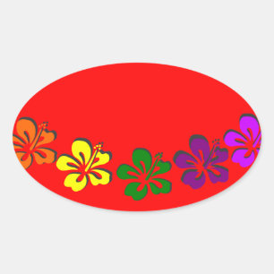 Rainbow hibiscus flower oval sticker