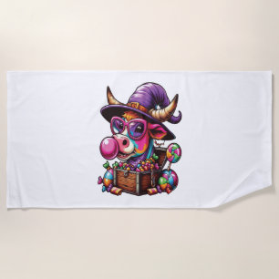 Rainbow Highland Cow Halloween Beach Towel