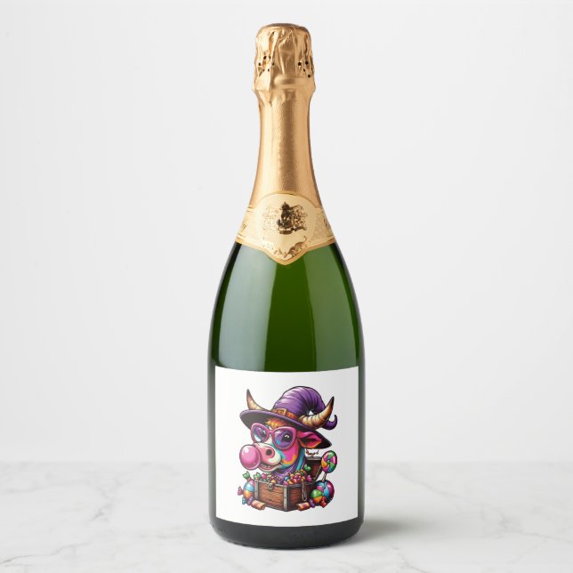 Rainbow Highland Cow Halloween Sparkling Wine Label (Front)