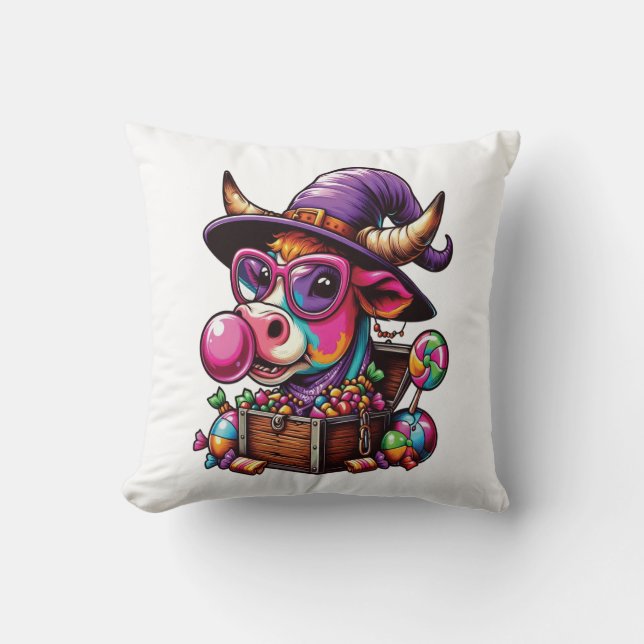 Rainbow Highland Cow Halloween Throw Pillow (Front)