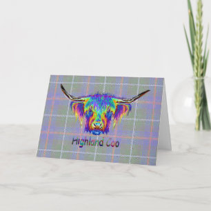 Rainbow Highland cow on a tartan background Card