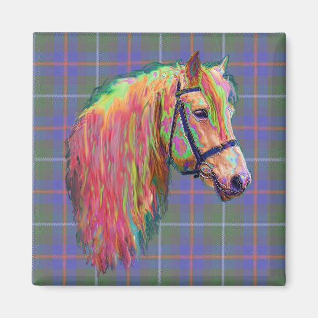 Rainbow highland pony on tartan, customize me! magnet (Front)