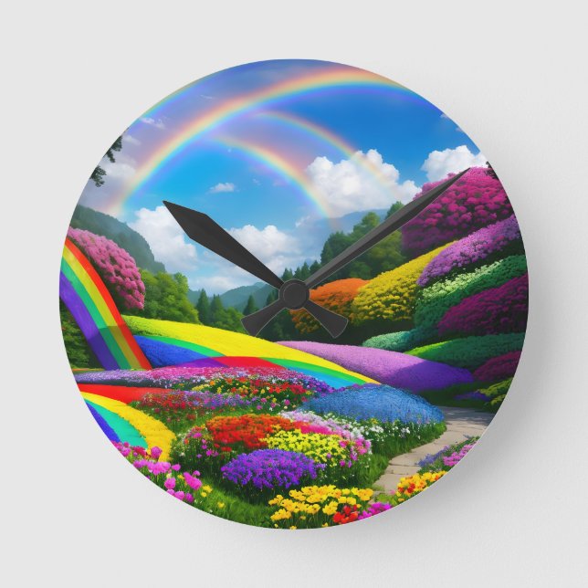 Rainbow Hills and Flowers Two Round Clock (Front)