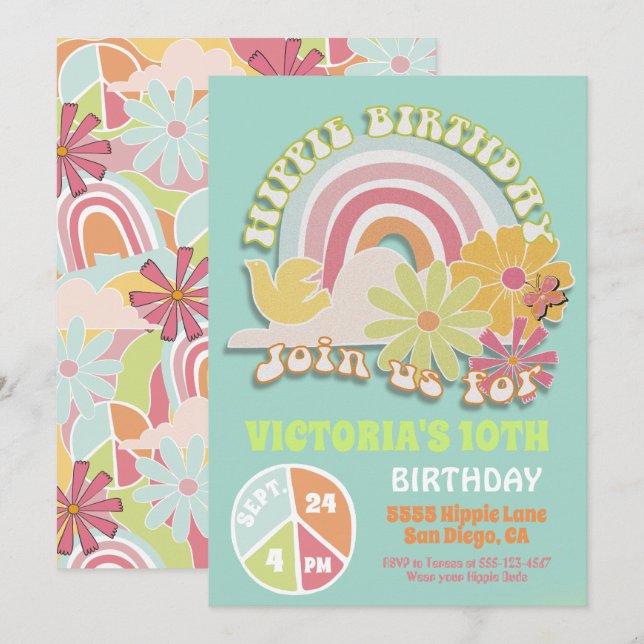 Rainbow Hippie Anniversaire Fête Invitation (Devant / Derrière)
