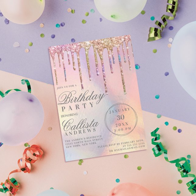 Rainbow Holographic Glitter Drips Birthday Invitation (Creator Uploaded)