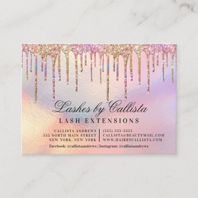 Rainbow Holographic Glitter Drips Lashes Aftercare Business Card (Front)