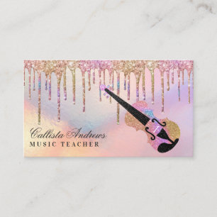 Rainbow Holographic Glitter Drips Music Teacher Business Card