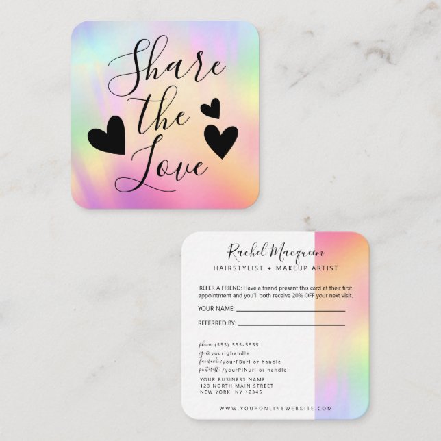 Rainbow Holographic Iridescent Unicorn Script Referral Card (Front/Back)