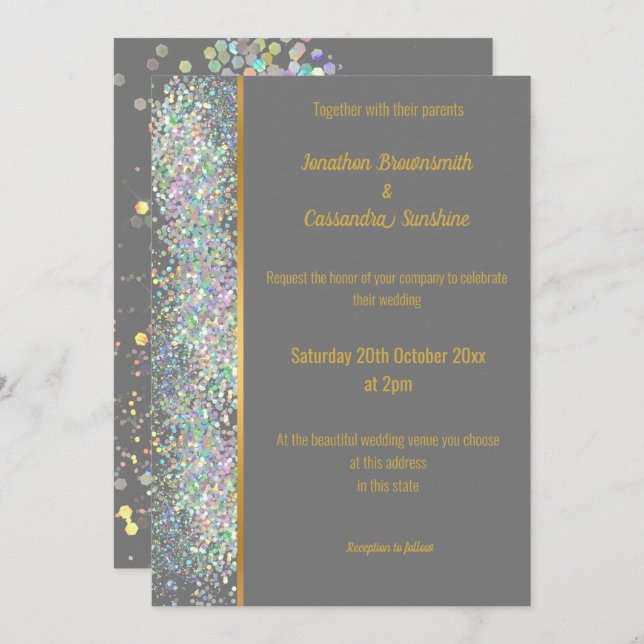 RAINBOW HOLOGRAPHIC SPOT GREY GOLD WEDDING INVITATION (Front/Back)