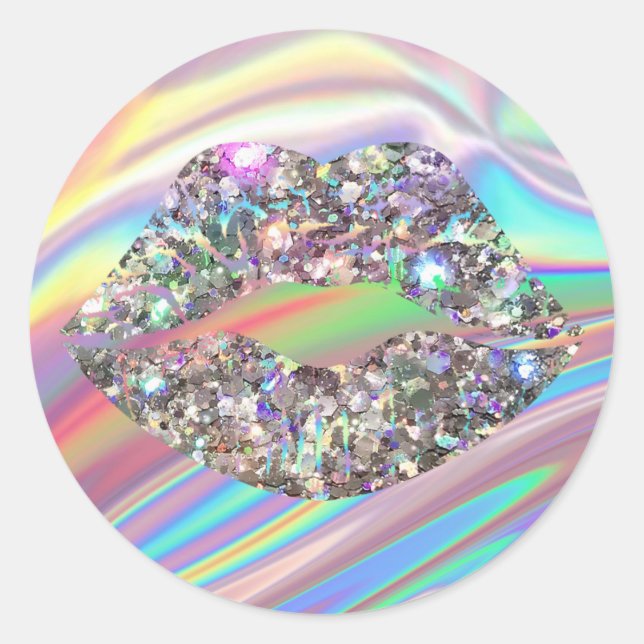 Rainbow Holography Glam Glitter Sparkly Lips Classic Round Sticker (Front)