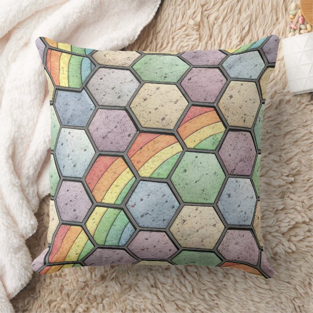 Rainbow Honeycomb Mosaic – Hexagonal Tile Throw Pillow (Blanket)