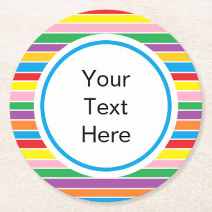 Rainbow Horizontal Stripes Custom Text Round Paper Coaster