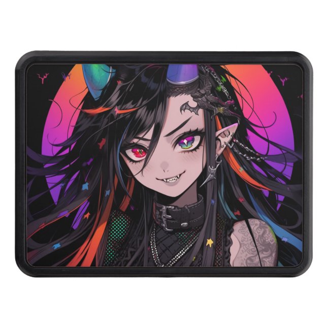Rainbow Horned Goth Punk Anime Girl Trailer Hitch Cover (Front)