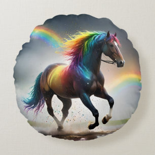 Rainbow Horse And Rainbows Rain Dance, Round Pillow