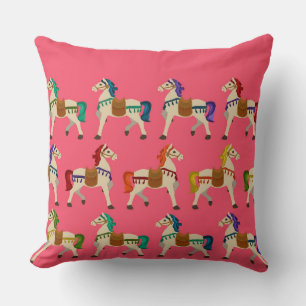 rainbow horses pink throw pillow
