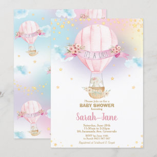 Rainbow Hot Air Balloon Baby Girl Shower Elephant Invitation