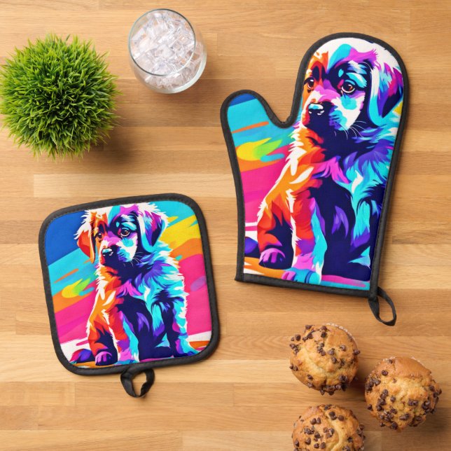 Rainbow Hued Dog Art Oven Mitt & Pot Holder Set (Top Down)
