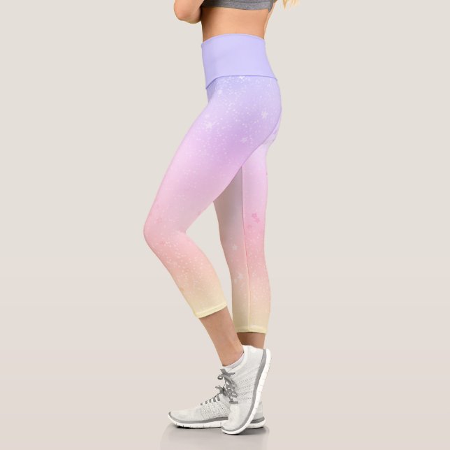 Rainbow Hued Pastel Gradient Starry Galaxy Yoga Capri Leggings (Left)