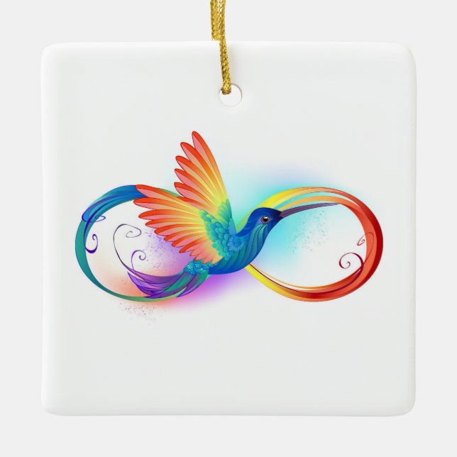 Rainbow Hummingbird with Infinity symbol Ceramic Ornament (Front)