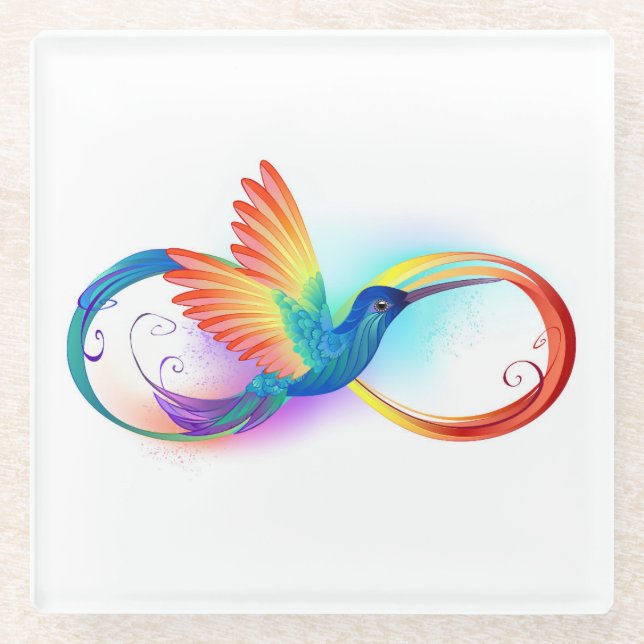 Rainbow Hummingbird with Infinity symbol Glass Coaster (Front)