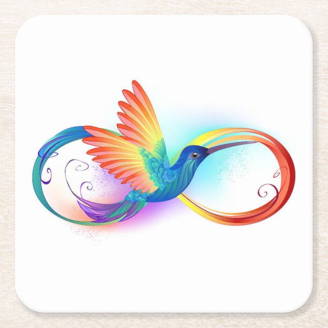 Rainbow Hummingbird with Infinity symbol Square Paper Coaster (Front)