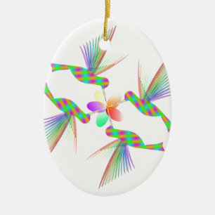 Rainbow Hummingbirds Kissing A Flower Ceramic Ornament