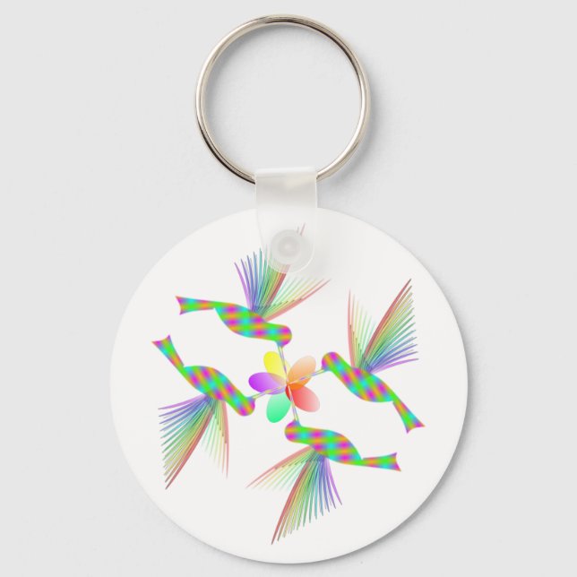 Rainbow Hummingbirds Kissing A Flower Keychain (Front)