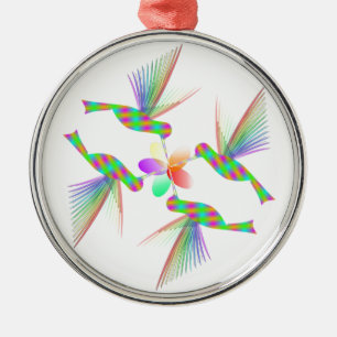 Rainbow Hummingbirds Kissing A Flower Metal Ornament