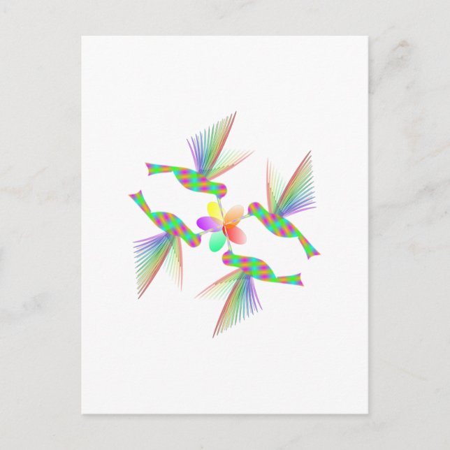 Rainbow Hummingbirds Kissing A Flower Postcard (Front)