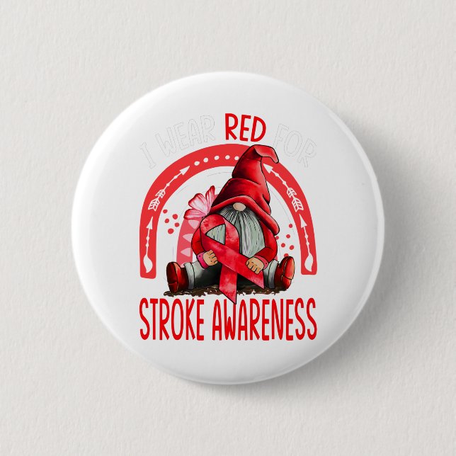 Rainbow I Wear Red Stroke Awareness Gnomes 2 Inch Round Button (Front)