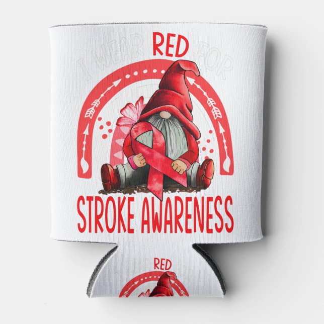 Rainbow I Wear Red Stroke Awareness Gnomes Can Cooler (Front)