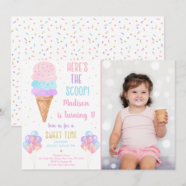 Rainbow Ice Cream Here's The Scoop Birthday Invitation (Front/Back)