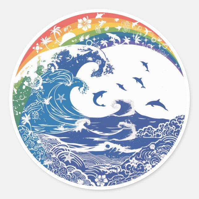 Rainbow in Hawaii: Waves, Life Classic Round Sticker (Front)