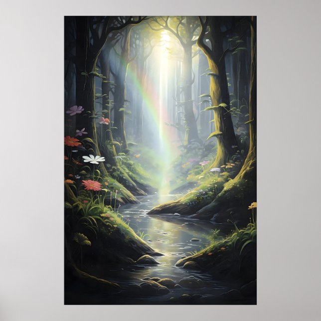 Rainbow In Magical Forest, Dark Green Forest With Poster (Front)