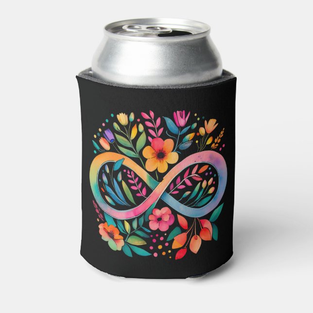  Rainbow Infinity Watercolor Flowers Autism Can Cooler (Can Back)