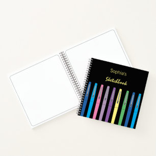 Rainbow Ink Pens Kid Black Sketchbook with Name Notebook