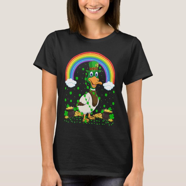 Rainbow Irish Shamrock Duck Bird St Patrick's Day T-Shirt (Front)