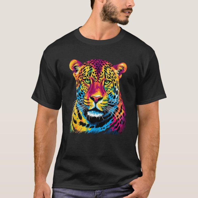 Rainbow Jaguar Big Cat Lover Print Graphic Abstrac T-Shirt (Front)