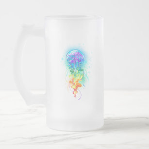 Rainbow jellyfish frosted glass beer mug