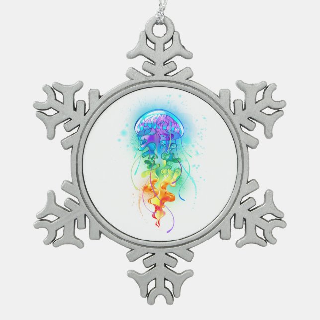 Rainbow jellyfish snowflake pewter christmas ornament (Front)