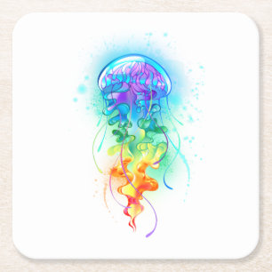 Rainbow jellyfish square paper coaster