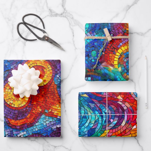 Rainbow Jewel Tone Mosaic Glass Pattern Birthday Wrapping Paper Sheet (Front)