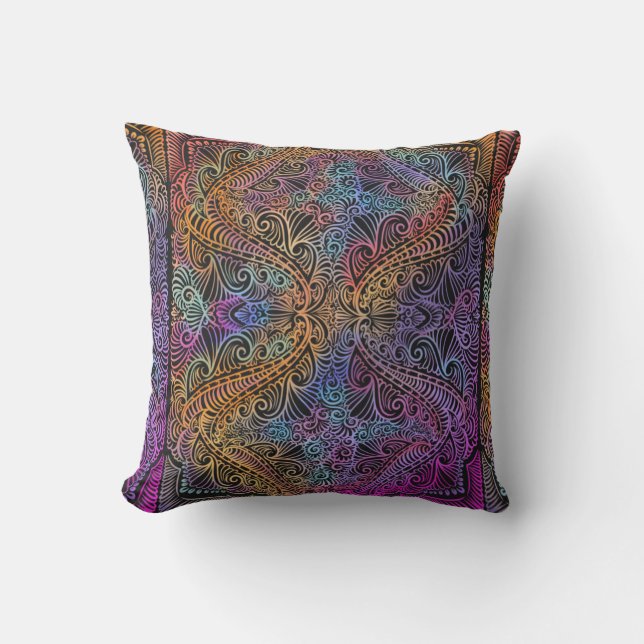 Rainbow Kaleidoscope Mandala Throw Pillow (Front)