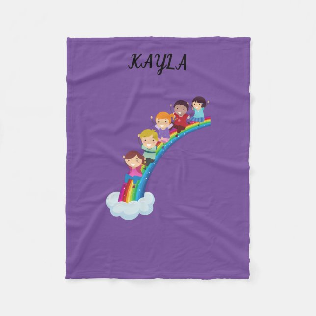 Rainbow kids fleece blanket personalized. (Front)