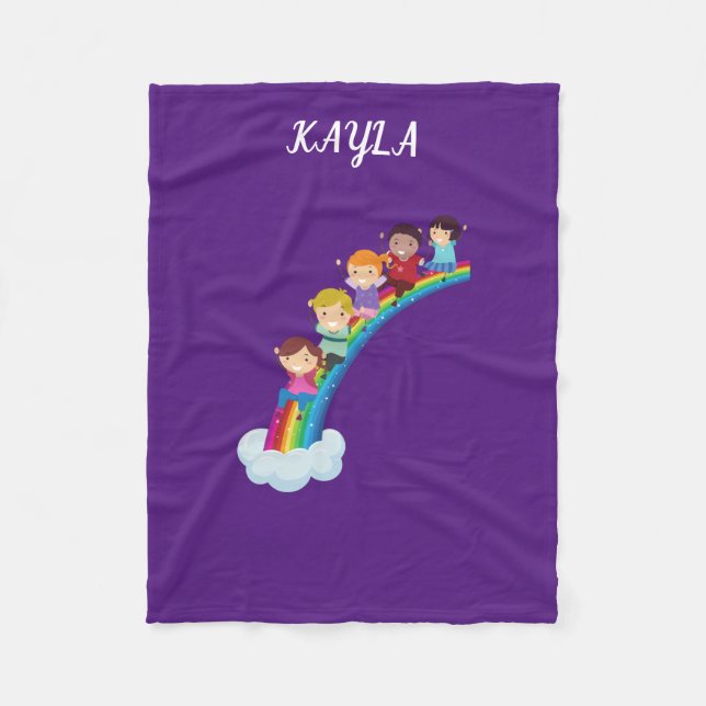 Rainbow kids fleece blanket personalized. (Front)