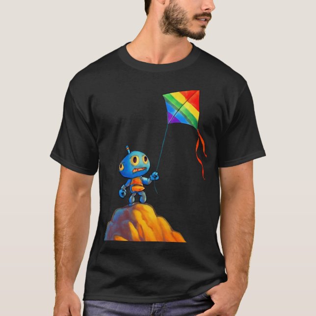 Rainbow Kite with Mountain Robot T-Shirt (Front)