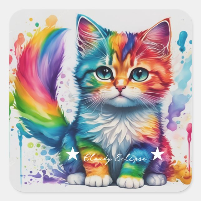 Rainbow Kitten Painter Square Sticker (Front)