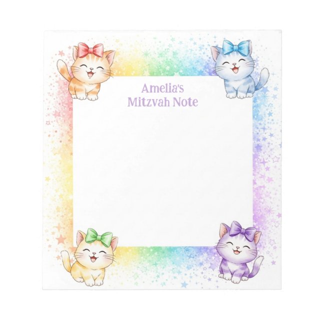 Rainbow Kittens Personalized Mitzvah Notes Notepad (Front)