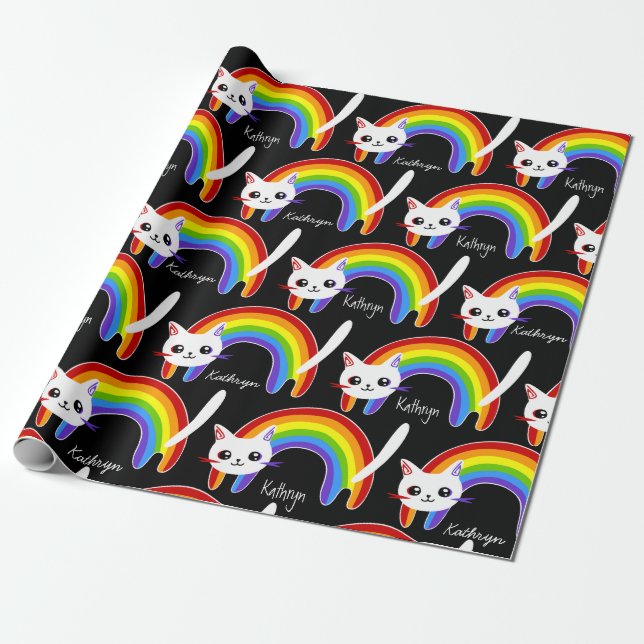 Rainbow Kitty Cat Personalized Wrapping Paper (Unrolled)