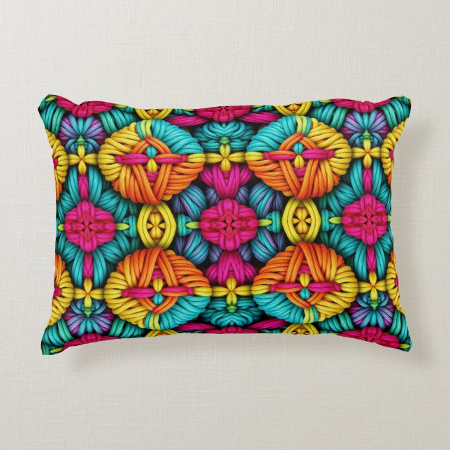 Rainbow Knitted Bloom Pattern Accent Pillow (Front)